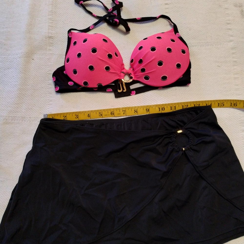 Size small swimsuit hot pink black polkadot top with black skirt bottom